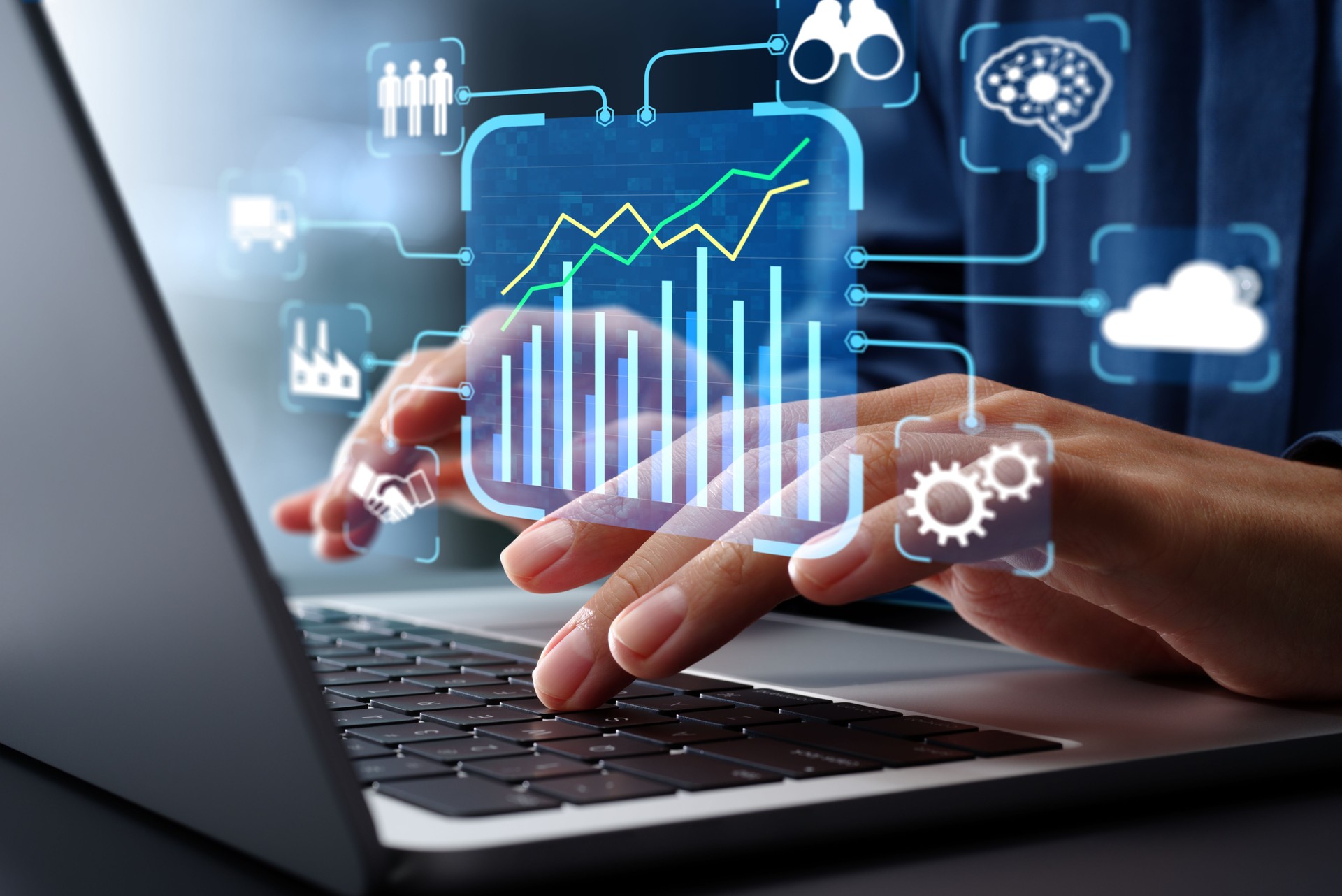 Business intelligence and data-driven management strategy. Data analytics and key performance indicators KPI. Manager using laptop computer to analyze data.