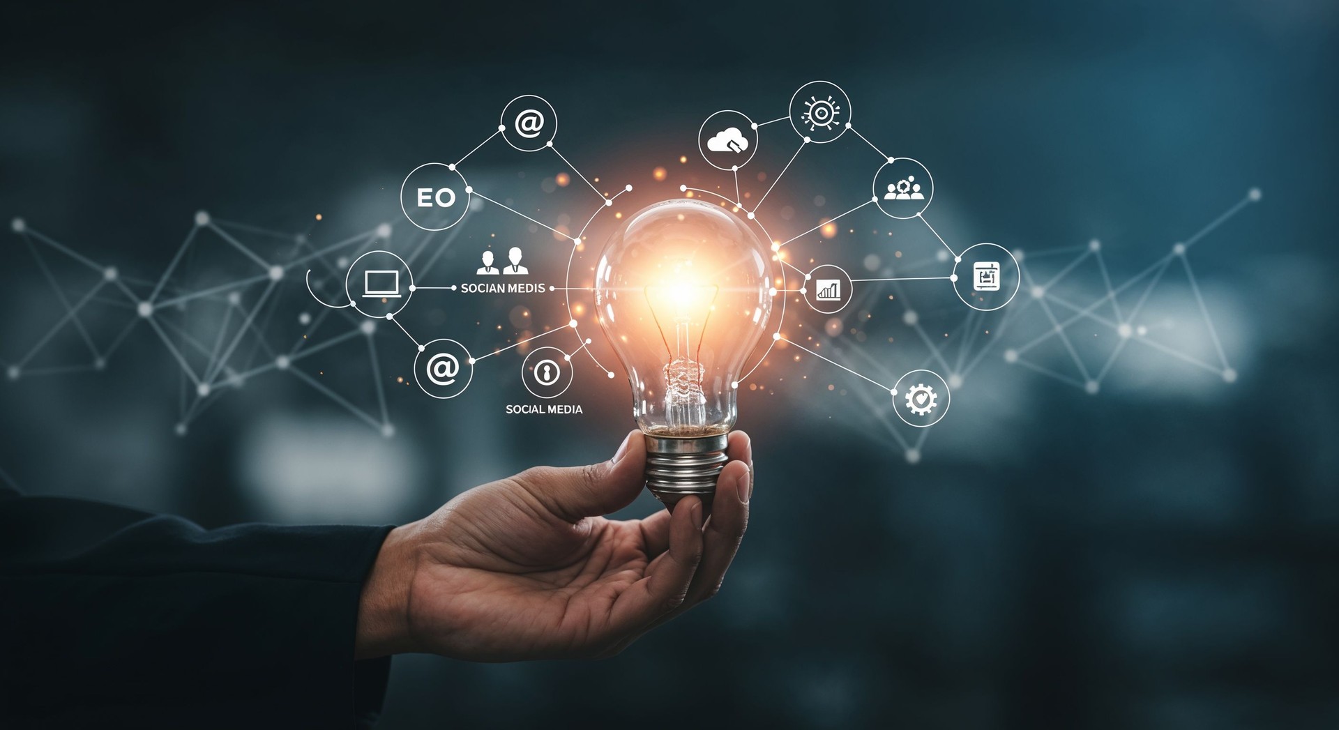 Glowing Light Bulb in Hand with Digital Marketing Icons on Blue Tech Background