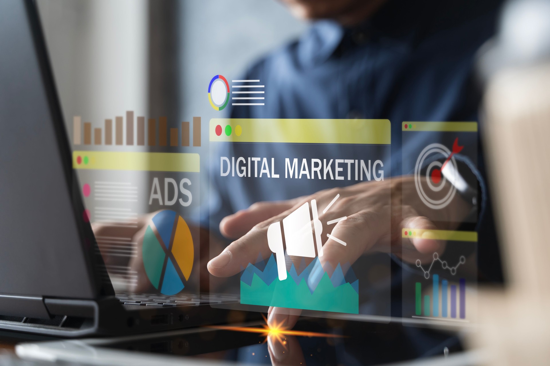 Digital Marketing Strategy with Online Advertising, Analytics and Target Audience on Virtual Interface
